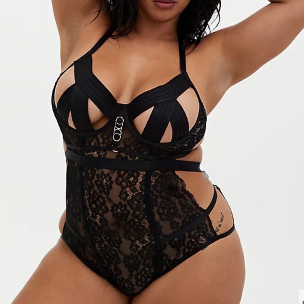 Torrid Black Lace Cut-Out Cage Underwire Bodysuit